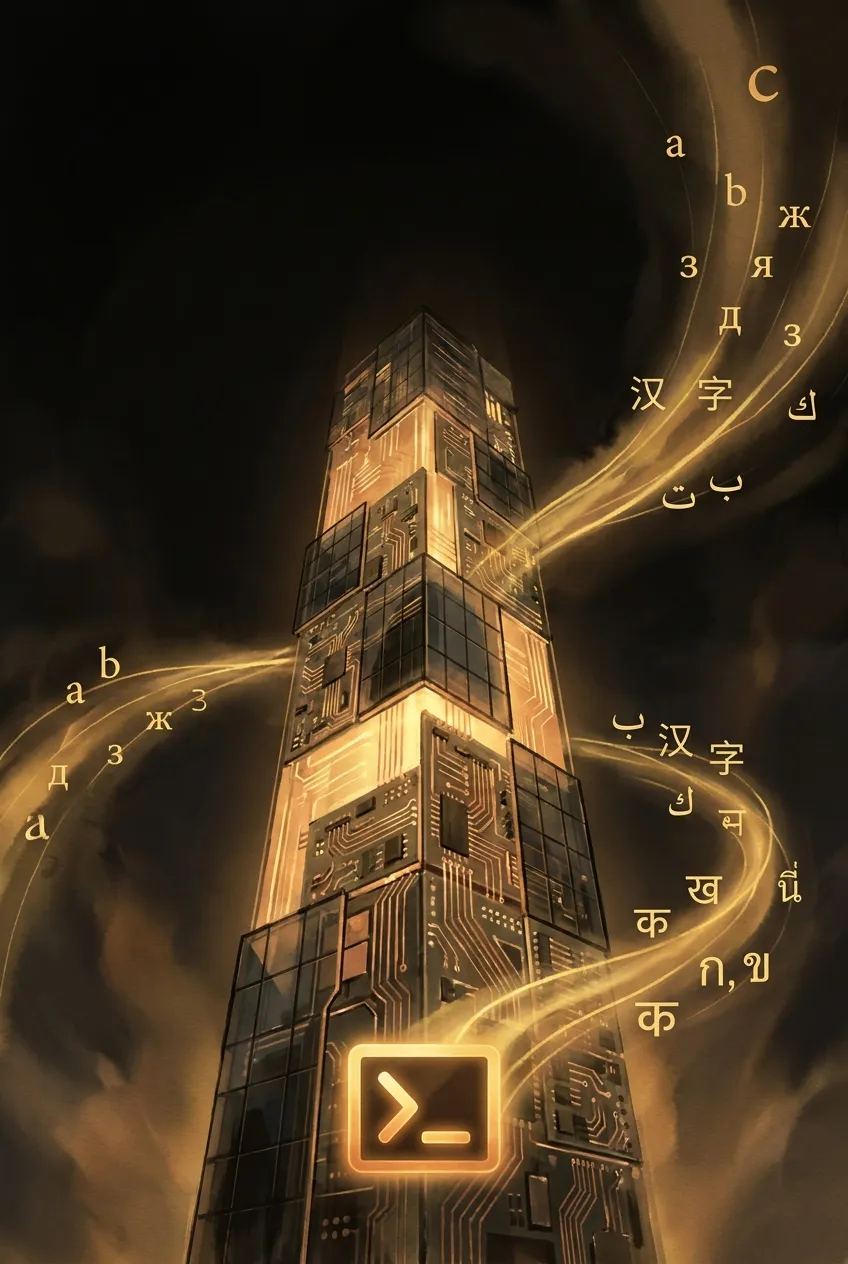 Une tour de Babel faite de circuits imprimés, des langues rayonnant depuis un terminal