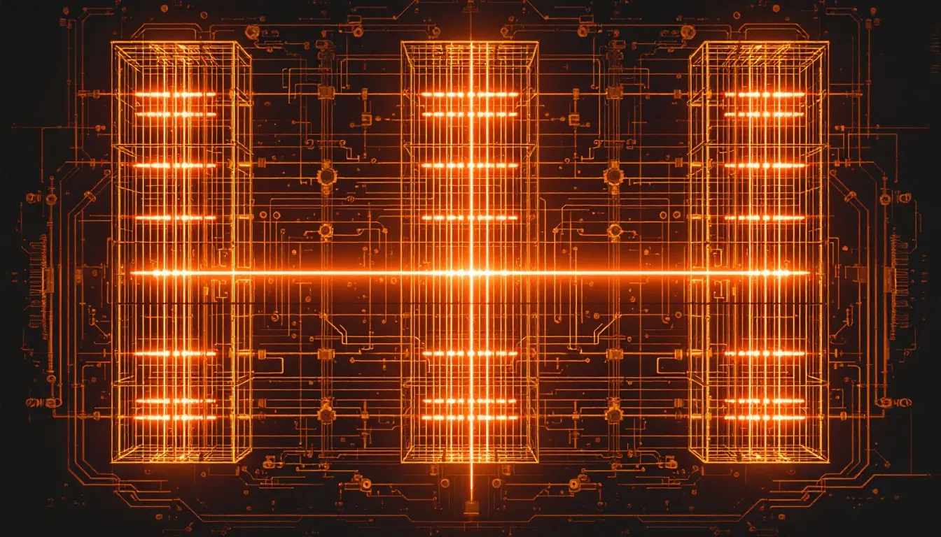 Des fils lumineux rigides enfermés dans une cage mécanique d'engrenages